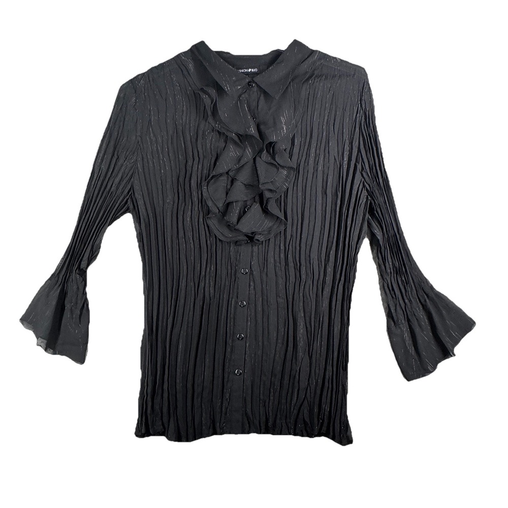 Fashion Bug Blouse Pleated Bell Sleeve Ruffle Button Down Sheer Black Gothic 2X